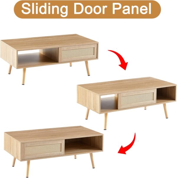 Mid Century Modern Coffee Table with Storage, 41.3 Inch Rectangle Wooden Accent Center Tables with Sliding PE Rattan Woven Door Panel and Solid Wood Legs, Suitable for Living Room, Apartment - Image 5