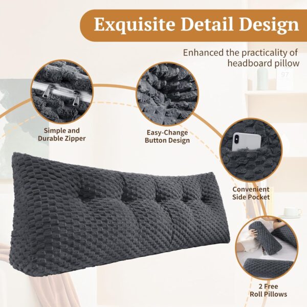 Headboard Wedge Pillow with 2 Pack Neck Roll Pillow,Bed Wedge Pillow - Headboard Large Bolster - Backrest Pillows for Bed Backrest Positioning Support(Grey,Queen) - Image 3