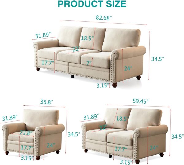 Harper & Bright Designs Classical Upholstred Sofa Set with Stoage, Nailhead Trim and Wood Legs, Living Room Beige Sofa Set with 3-Seat Couch and 2-Seat Loveseat - Image 2