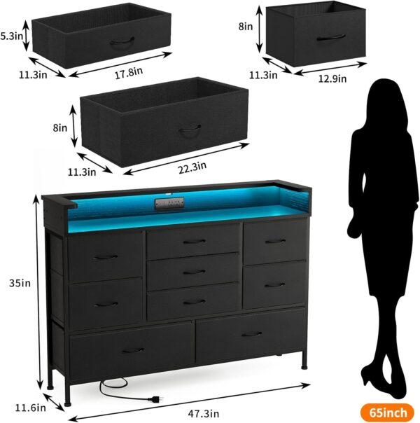 Fixwal Black LED Dresser, Dresser with 9 Drawers and Charging Station, Fabric Chest of Drawers with PU Finish for Kid Room, Entryway, Living Room, Hallway - Image 2