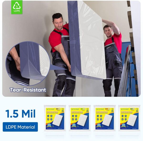 TICONN 2PK Plastic Mattress Bag for Moving Storage, Waterproof Mattress Protector Cover, Heavy-Duty Mattress Moving Supplies (1.5 mil, Twin) - Image 5
