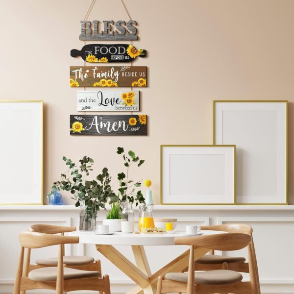 Wesiti 5 Pieces Kitchen Wall Decor Bless the Food Before Us Sign Farmhouse Rustic Dining Room Wall Art Wooden Hanging Signs for Kitchen Wall Decor Wall Hanging Plaque for Home(Sunflower) - Image 4