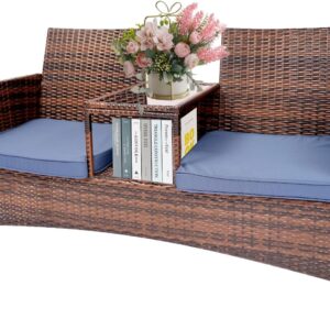 Wicker Patio Loveseat Balcony Furniture 2-Seat Chair with Coffee Table All Weather Ourdoor Sofa Couch for Backyard, Lawn,Garden,Swimming Pool