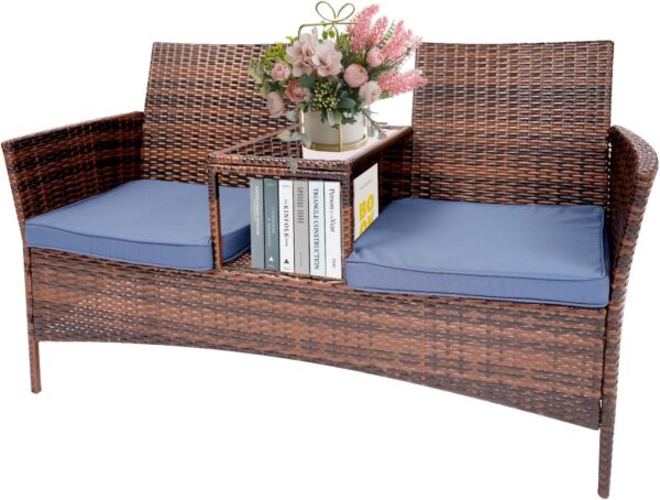 Wicker Patio Loveseat Balcony Furniture 2-Seat Chair with Coffee Table All Weather Ourdoor Sofa Couch for Backyard, Lawn,Garden,Swimming Pool
