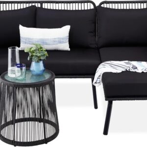 Best Choice Products Outdoor Rope Woven Sectional Patio Furniture L-Shaped Conversation Sofa Set for Backyard, Porch w/Thick Cushions, Detachable Lounger, Side Table - Natural/Black