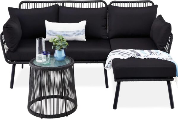 Best Choice Products Outdoor Rope Woven Sectional Patio Furniture L-Shaped Conversation Sofa Set for Backyard, Porch w/Thick Cushions, Detachable Lounger, Side Table - Natural/Black