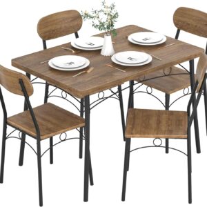 VECELO Dining Table Set for 4, 5 Piece Dinette with Chairs for Kitchen, Breakfast Nook and Small Space, Brown