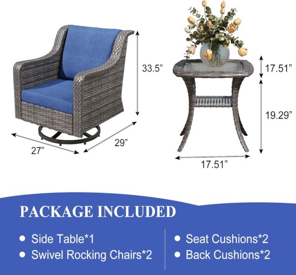 3 Piece Outdoor Swivel Patio Rocker Chairs Bistro Set, Gray Wicker Patio Rocking Chairs with Small Side Table and Cushions for Porch, Outside, Pool, Deck, Yard, Garden - Image 4