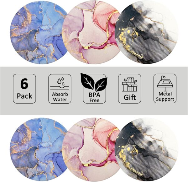Sets of 6 Coasters for Drinks Absorbent, Marble Style Ceramic Drink Coaster for Coffee Table Decor, Suitable for Kinds of Cups, Great Home and Dining Room Decor (Black) - Image 2