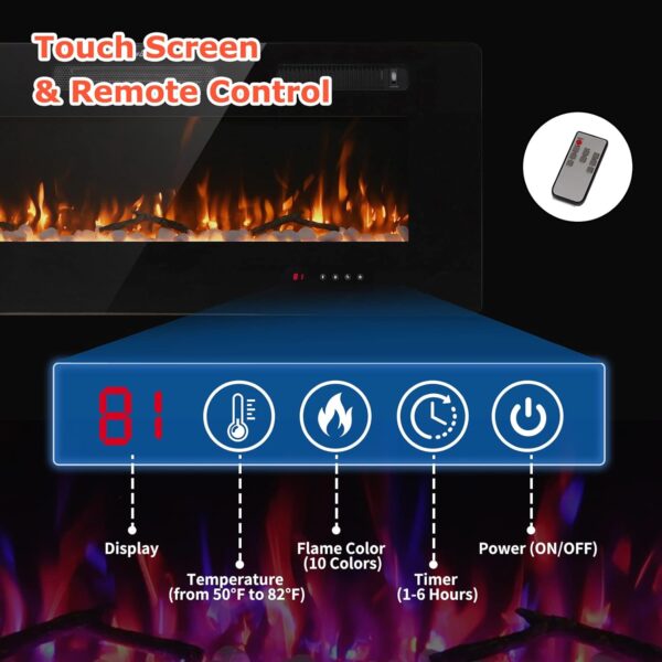 50" Insert Wall Mounted Electric Fireplace, Low-Noise Fireplace Heater Mantel Features a Touch Screen, Timer, Adjustable Flame Color, 700W / 1400W - Image 4