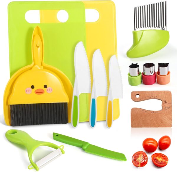 14 PC Safe Knife Kid Toddler Kitchen Set for Real Cooking, Toddler Montessori Kitchen Tool Toy for Lillte Girl Boy Age 3-10, Gifts for 3 4 5 6 7 8 9 10 Year Old Girl Boy Birthday Christmas