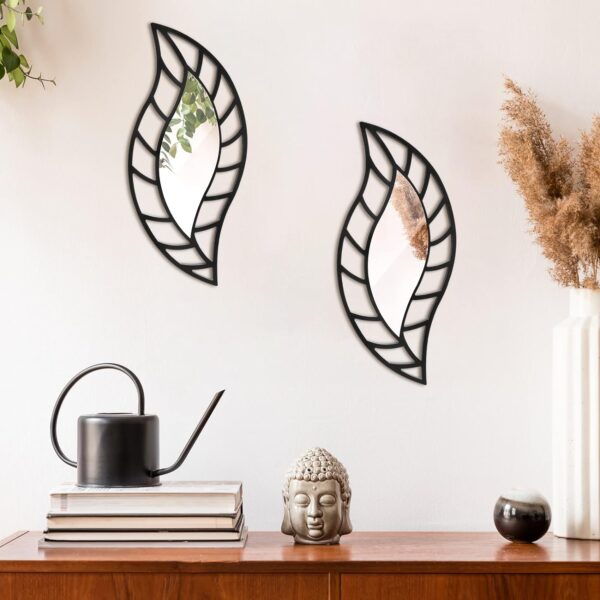 Roowest 2 Pcs Decorative Mirror Wall Decor Leaf Teardrop Mirror Wall Art Mirror Wall Mounted Decorations for Living Room Bedroom Bathroom Vanity Entryway Office(Black) - Image 3