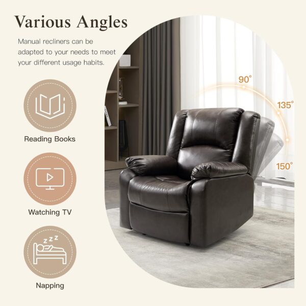 EASELAND PU Leather Recliner Chairs for Adults, Reading Recliner Chairs for Bedroom, Fluffy Arm Chair with High-Density Sponge Cushion, Reclining Chairs with Lumbar Support for Living Room(Brown) - Image 5