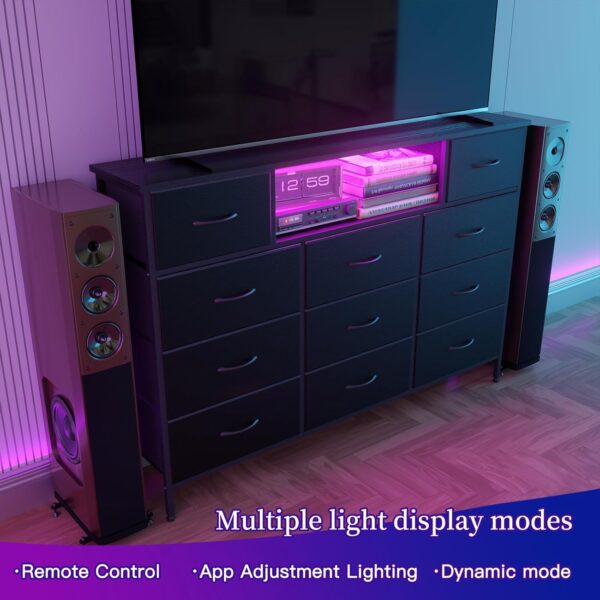 Fixwal Black Dresser for Bedroom Long Dresser TV Stand for 65 Inch TV with Charging Station and LED Lights, with 11 Drawers, Fabric Chest of Drawers, Living Room, Entryway - Image 6