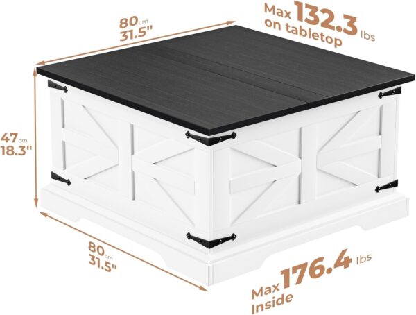 Farmhouse Coffee Table with Storage, Square Center Table for Living Room, Rustic, Hinged Lift Top Soft Close, Wood, Large Hidden Storage, Modern, Metal Corner, White Black - Image 2
