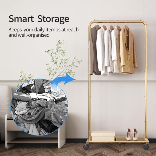 Simple Trending Standard Clothes Garment Rack, Clothing Rolling Rack with Mesh Storage Shelf on Wheels, Golden Yellow - Image 3