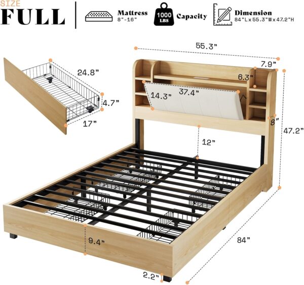AMERLIFE Full Size Bed Frame with 4 Storage Drawers, Upholstered Bed Frame with 47.2" Bookcase Headboard, Wooden Platform Bed with Charging Station/No Box Spring Needed/Maple - Image 2