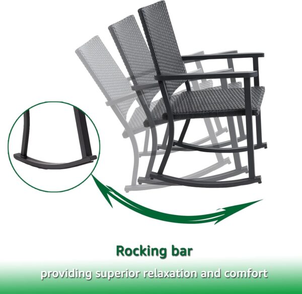 All Weather Patio Wicker Rocking Chair with Arms Steel Outdoor Rocker Furniture, Black - Image 3