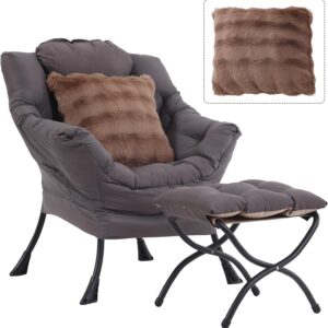 Large Lazy Chair with Ottoman, Accent Reading Chair with a Throw Pillow, Cozy Lounge Chair with Armrest, Leisure Sofa Chair for Living Room, Bedroom, Dorm, Dark Grey