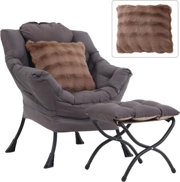 Large Lazy Chair with Ottoman, Accent Reading Chair with a Throw Pillow, Cozy Lounge Chair with Armrest, Leisure Sofa Chair for Living Room, Bedroom, Dorm, Dark Grey