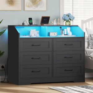 Hasuit Black 6 Drawers Dresser with LED Lights and Charging Station, Modern Wood Bedroom Storage Tower Clothes Organizer, Chest of 6 Drawers Storage Cabinet with Deep Drawers for Bedroom, Living Room