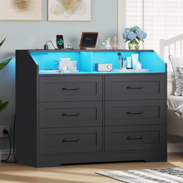 Hasuit Black 6 Drawers Dresser with LED Lights and Charging Station, Modern Wood Bedroom Storage Tower Clothes Organizer, Chest of 6 Drawers Storage Cabinet with Deep Drawers for Bedroom, Living Room