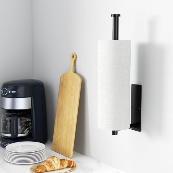 Paper Towel Holder - Self-Adhesive or Drilling, Matte Black Wall Mounted Rack - SUS304 Stainless Steel Kitchen Roll Holder Under Cabinet - Image 2