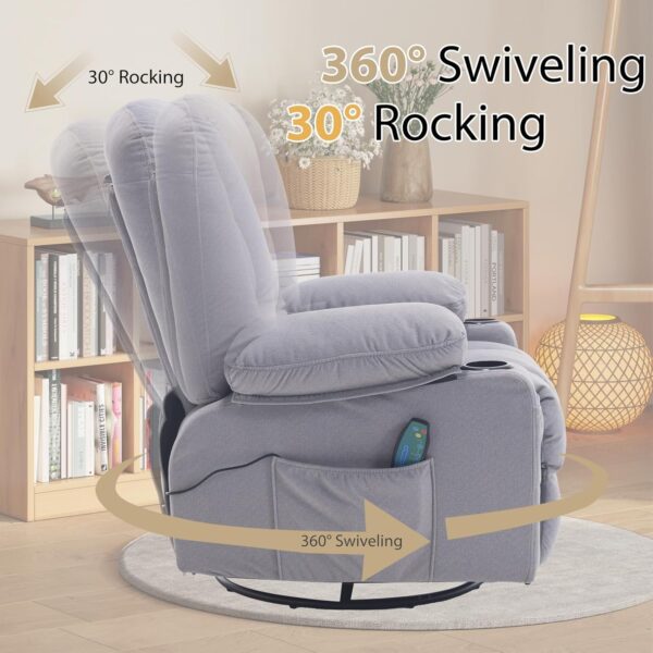 Recliner Chair for Adults, Rocker Recliners with Massage and Heat, Fabric Overstuffed Swivel Glider with Cup Holder Side Pocket, Manual Reclining Sofa Chair for Living Room - Image 7