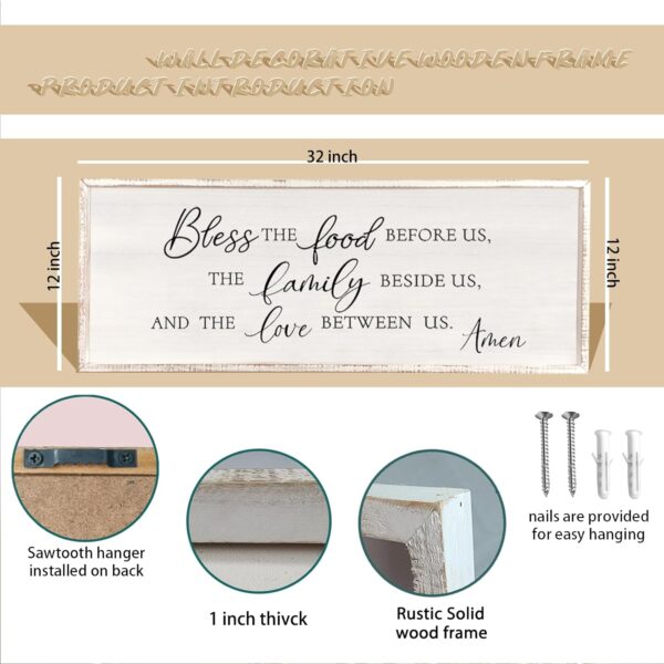 Bless the Food Before Us Wall Decor Sign 32" X 12" Home Dining Room Wall Decor Framed Wood for Large Farmhouse Vintage Country Kitchen Living Room Wall Hanging Art (White) - Image 2