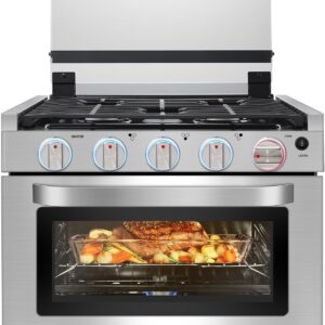 AMZCHEF RV Gas Range 17 Inches Tall, 1.24 Cu.Ft Propane Range Oven with 3 Burners Stove for RV, Apartment, Mobile Home, Stainless Steel.