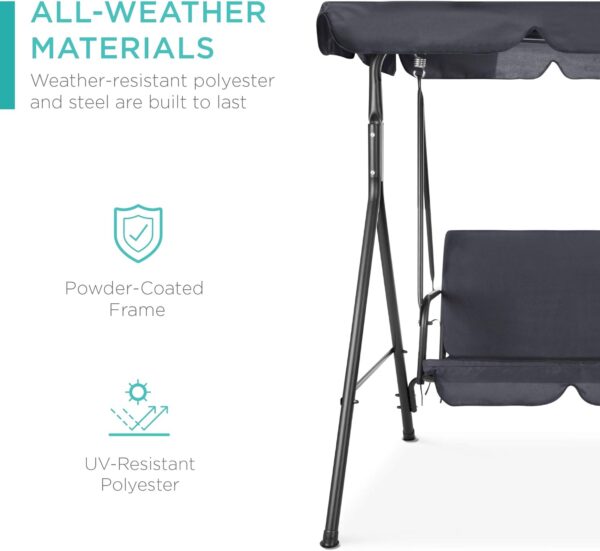 Best Choice Products 2-Person Outdoor Patio Swing Chair, Hanging Glider Porch Bench for Garden, Poolside, Backyard w/Convertible Canopy, Adjustable Shade, Removable Cushions - Gray - Image 4