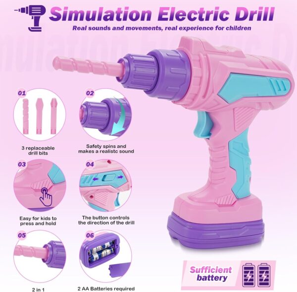 Kids Tool Set, 67 PCS Toddler Tool Box with Electronic Toy Drill & Realistic Kids Tape Measure, Pretend Play Construction Toy Kit with Tool Belt & Hammer, Toddler Tool Set for Girl Boy Ages 3+ (Pink) - Image 4