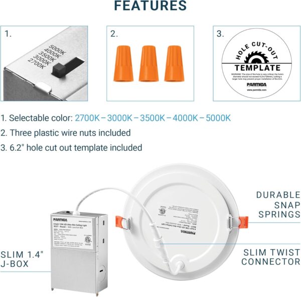 PARMIDA (12 Pack) 6 Inch Dimmable 5CCT Ultra-Thin LED Recessed Ceiling Light with Junction Box, 5 Color Selectable 2700K/3000K/3500K/4000K/5000K, 12W, Canless Wafer Slim Panel Downlight, IC Rated, ETL - Image 4