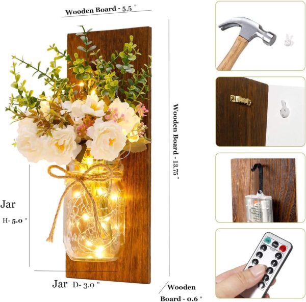 Rustic Wall Sconces Mason Jar Sconces Handmade Wall Art Hanging Design with Remote Control LED Fairy Lights and White Peony,Christmas Decor Gift Farmhouse Wall Home Decor Living Room Lights Set of Two - Image 6