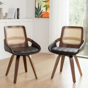 Set of 2 Mid Century Modern Chairs - Swivel Retro Walnut Dining Chairs with Ergonomic Cane Back, Curved Arms, Faux Leather Dining Chairs for Restaurant/Kitchen/Living Room (Walnut Brown)