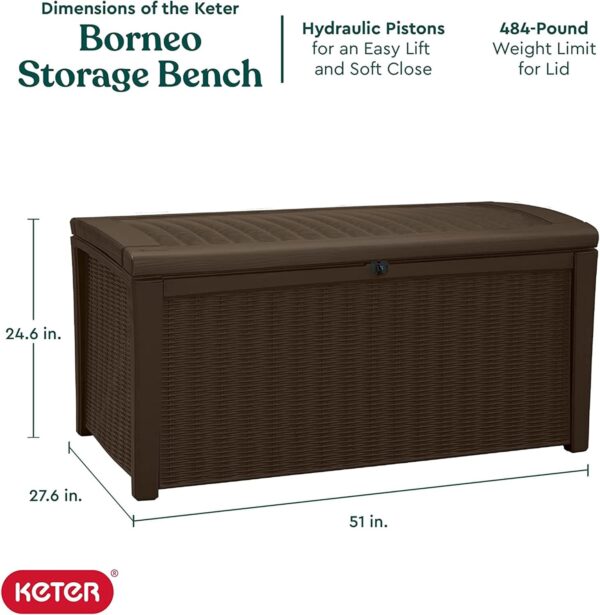 Keter Borneo 416L Storage Box, All-Weather Wicker Rattan-Style Resin Deck Box and Stylish Outdoor Bench with Piston-Assisted Lockable Lid, Brown - Image 2