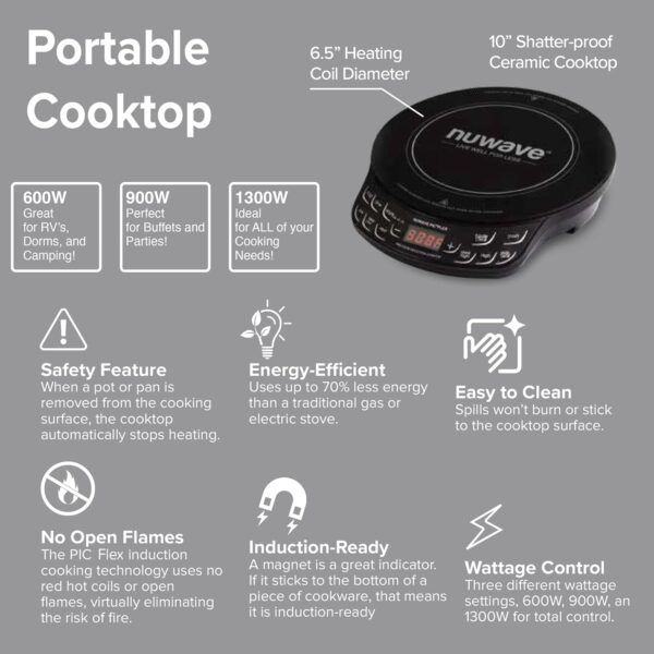 Nuwave Flex Precision Induction Cooktop, 10.25” Shatter-Proof Ceramic Glass, 6.5” Heating Coil, 45 Temps from 100°F to 500°F, 3 Wattage Settings 600, 900 & 1300 Watts, Black - Image 7