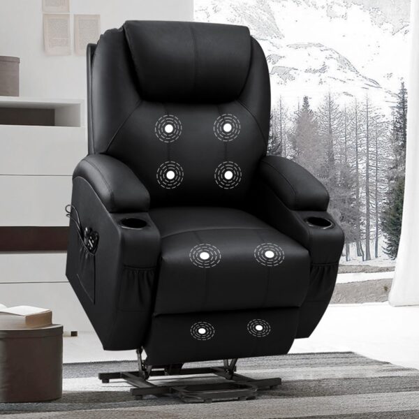 VICTONE Electric Power Lift Recliner Chair for Elderly Reclining Sofa for Living Room with Massage, Side Pockets and Cup Holders (Leather, Black)