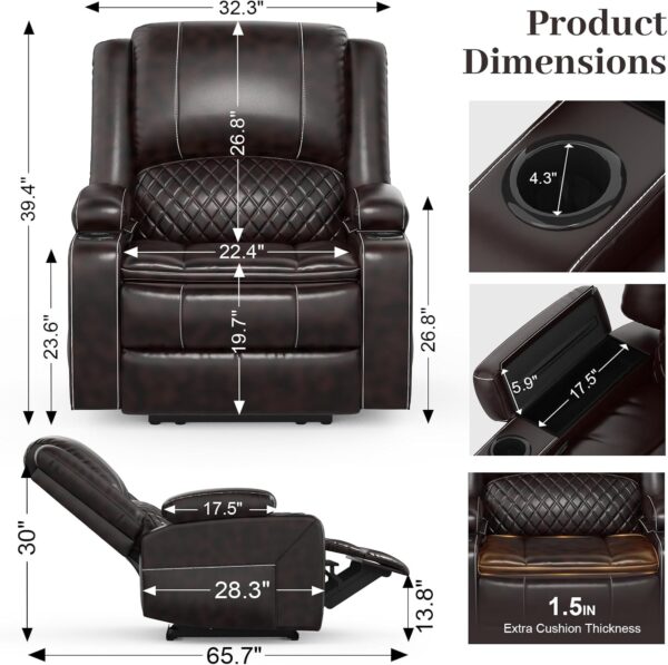 Recliner Chairs for Adults, Oversize Manual Reclining Chair with 2-Tier Cushions, Faux Leather Recliner Chair with Hidden Storage Space, Living Room Recliner Chairs with Cup Holders - Brown - Image 2