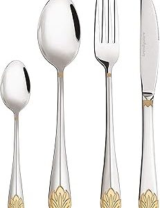Silverware Set Limited Edition – 24 Piece Dinnerware Set – Flatware Set for 6 – Silver Tableware Set w/Gold Accents – Great for Family Gatherings & Daily Use – Spoons, Knives, Teaspoons, Forks