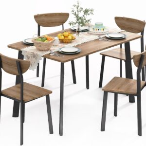 Kitchen Dining Table Set for 4, Modern Rectangular 5 Piece Dining Room Table and Chairs Set, Brown Wooden Metal Table Set for Family Dinner, Party, Afternoon Tea and Work (Curved Moon)