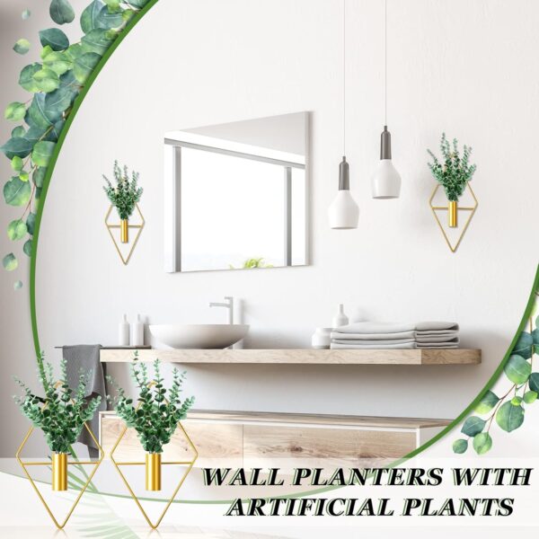 2 Pieces Wall Decor Hanging Planters with Artificial Plants Metal Hanging Vase Indoor Plants Holder Modern Geometric Wall Art for Home Bedroom Living Room Office(Eucalyptus,Gold) - Image 6