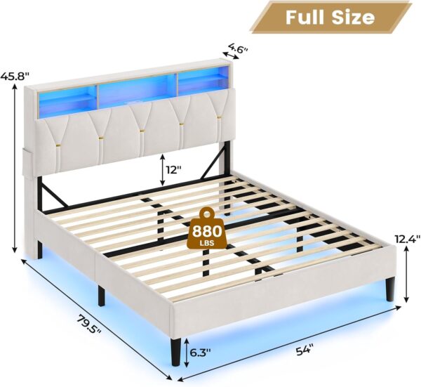 Full Size Bed Frame with Headboard Storage & LED Lights, Platform Bed Frame Full Size with Charging Station, Velvet Upholstered Bed with Shelf Headboard, No Box Spring Needed, Creamy White - Image 2