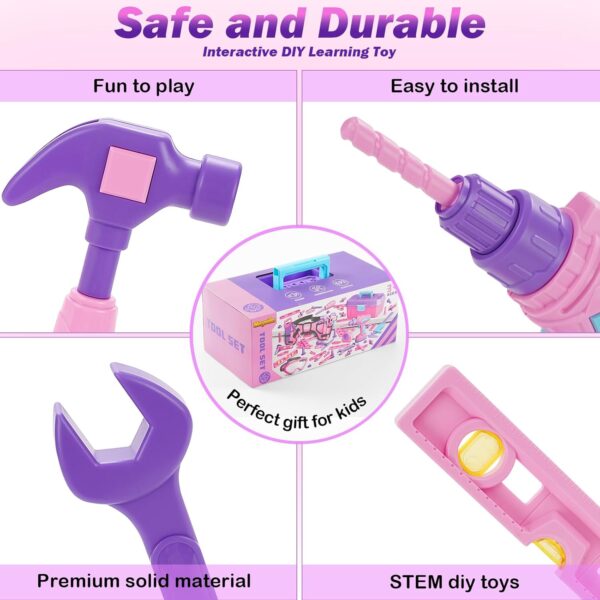 Kids Tool Set, 67 PCS Toddler Tool Box with Electronic Toy Drill & Realistic Kids Tape Measure, Pretend Play Construction Toy Kit with Tool Belt & Hammer, Toddler Tool Set for Girl Boy Ages 3+ (Pink) - Image 7