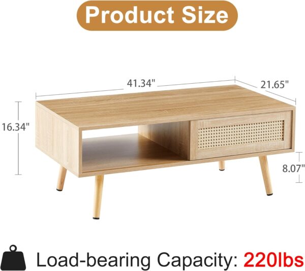 Mid Century Modern Coffee Table with Storage, 41.3 Inch Rectangle Wooden Accent Center Tables with Sliding PE Rattan Woven Door Panel and Solid Wood Legs, Suitable for Living Room, Apartment - Image 3