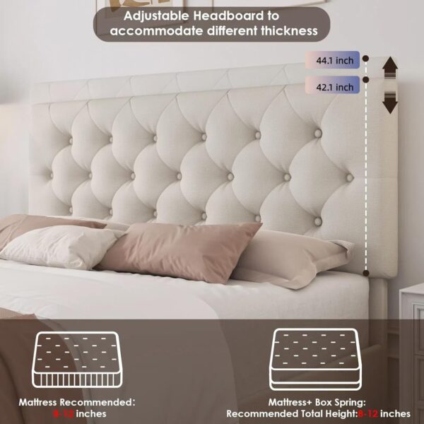 Queen Bed Frame with 4 Storage Drawers and Adjustable Headboard, Upholstered Platform Bed with Button Tufted Design, Strong Wooden Slats Support, No Box Spring Needed, Fabric, Cream - Image 6