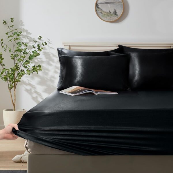 Manyshofu 6Pcs Black Satin Duvet Cover Set Queen Size with Satin Fitted Sheet - Not Comforter, Silky Comforter Cover Set Satin Duvet Covers and Sheets (4 Pillowcases, 1 Duvet Cover, 1 Fitted Sheet) - Image 5