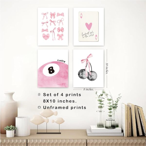 okaxscm Pink Coquette Trendy Preppy Wall Art Prints Set of 4, Coquette Room Decor, Preppy Room Decor Aesthetic, Pink Bow Disco 8 Ball Cherry Wall Decor Posters for Girls Bedroom Dorm, 8x10 Unframed - Image 3