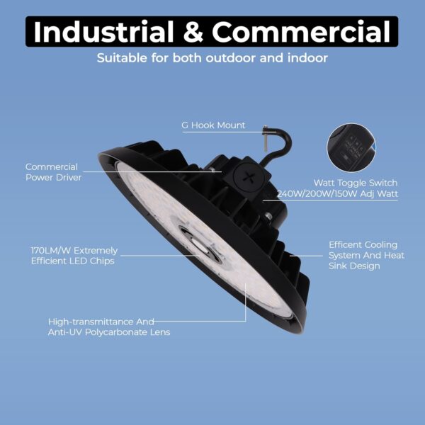 NBL LED UFO High Bay Light | Adj. Wattage 150W/200W/240W | 40,800 Lumens | 5000K Daylight | 120-277Vac | IP65 Waterproof | UL & DLC Listed | Ideal for Warehouse, Factory, Gym, and Industrial Lighting - Image 4