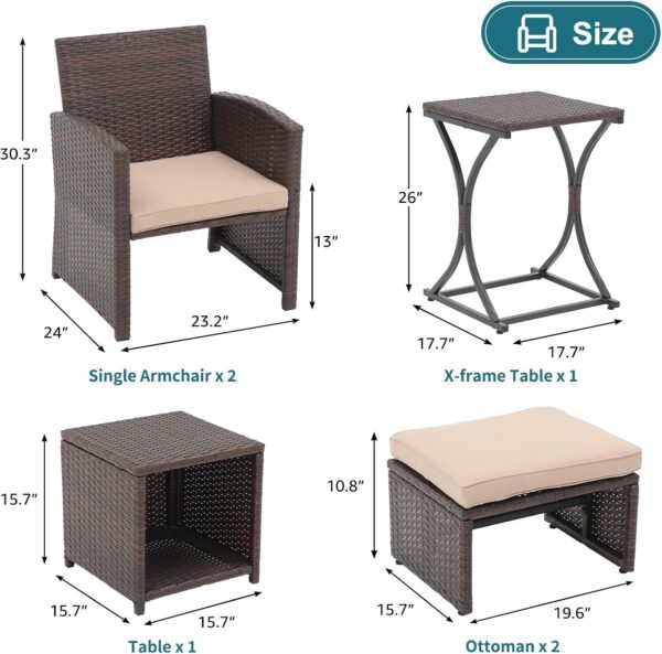 OC Orange-Casual 6 Piece Patio Wicker Furniture Set, Balcony All Weather Rattan Chair, with Space Saving Ottoman, Resin Nesting Coffee Table, Modern Design, Beige - Image 6